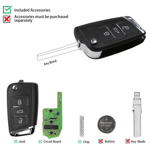1PC XHORSE XEMQB1EN MQB Style 3 Buttons Super Remote Key with Built-in Super Chip English Version